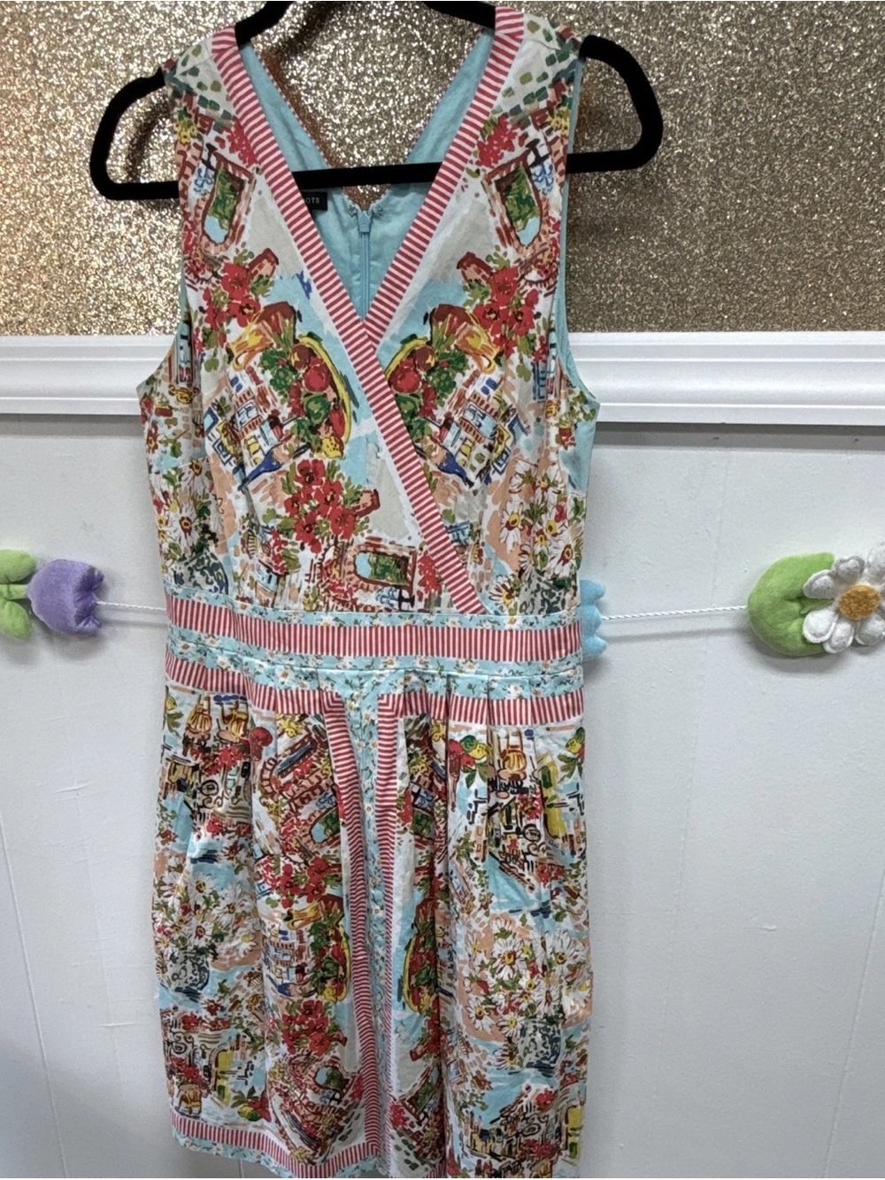 Talbots Multicolor Floral Print Sleeveless Dress with Red-Striped Trim